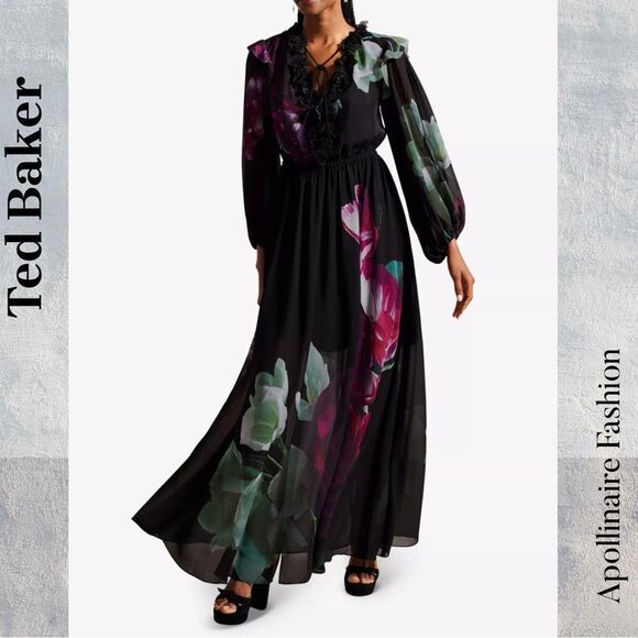 Ted Baker Women's Gionna Black Floral Maxi Dress Size 5 EU like a 12  NWT - Picture 3 of 10